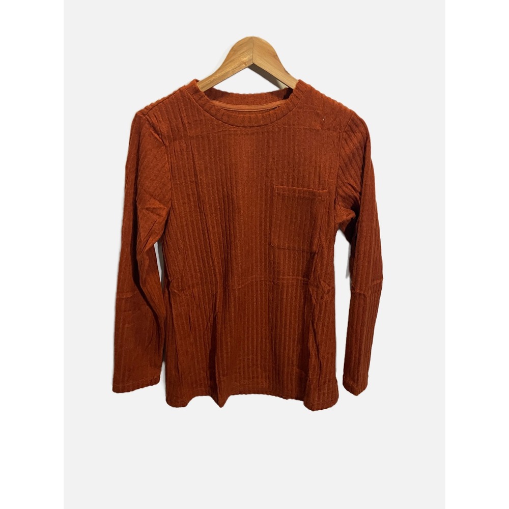 Unbranded Ribbed Long Sleeve‎ Top Women M Rust Orange Pocket Casual Fall Knit